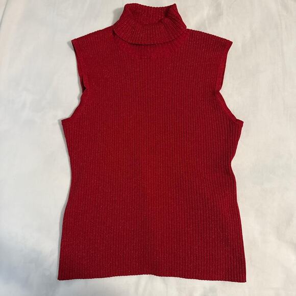 red sleeveless turtleneck shimmer metallic ribbed knit top cable & gauge xl - Picture 3 of 5